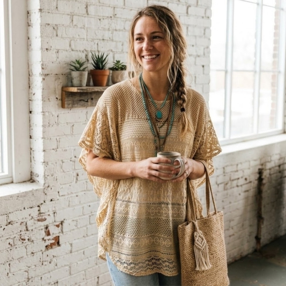 Western Look Crochet Poncho Top Womens Medium Tan Boho‎ Lace Knit Flutter Sleeve